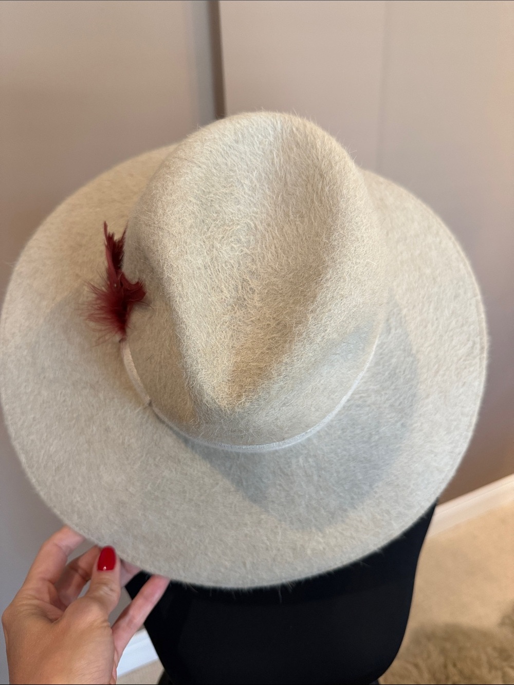 Neiman Marcus Cream Wool Felt Fedora with Red Feather Accent